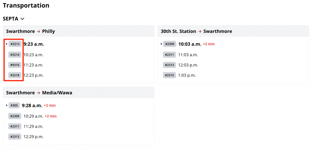 Screenshot of the Transportation section of the Dash, a red box highlighting the new new SEPTA train number buttons.